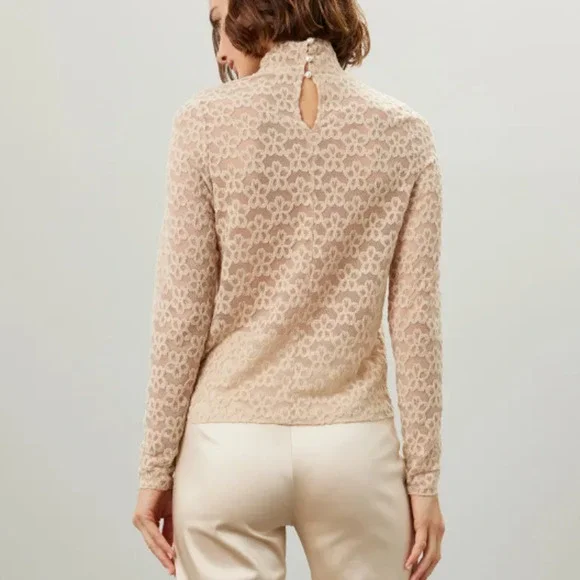 Line & Dot Mesh Floral Mockneck Top MEDIUM Bodycon Romantic Cocktail Nude $90 - Picture 3 of 10